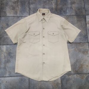 Vintage 1960s Lee Men's Large Khaki Work Safari Military Button Up Shirt